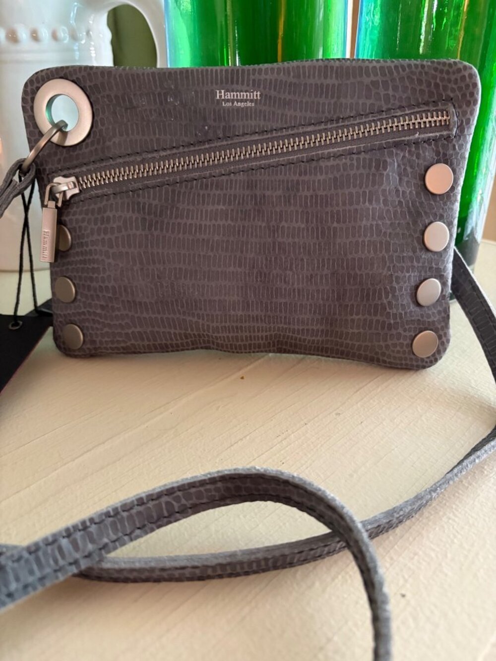 Hammitt Nash Small Slate Tejus Snake Ebossed Suede Crossbody Shoulder Handbag / - Picture 3 of 13